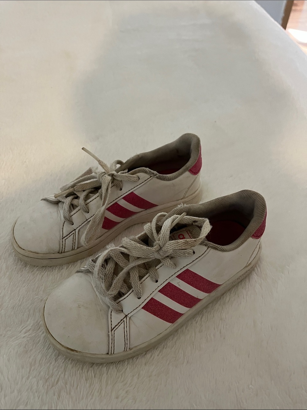Girls Adidas White Sneakers with pink Stripe Accents - Casual Lace-Up Shoes